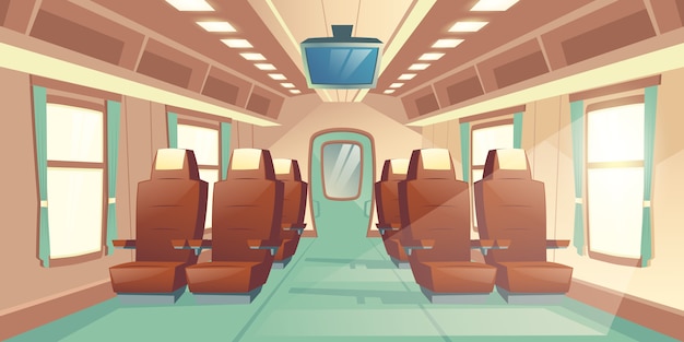 Ilustración vectorial con una cabina de un tren, asientos con cuero marrón y TV.