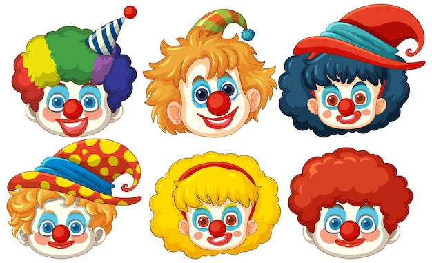 Ilustración vectorial de caras de payaso coloridas
