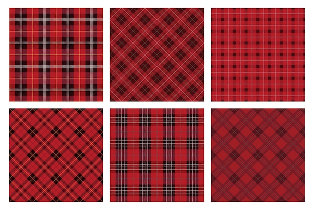 Ilustración vectorial de conjunto de cuadros de tartán rojo sin costuras repetibles horizontalmente y verticalmente