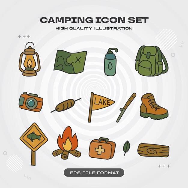 Ilustración vectorial del conjunto de iconos de campamento