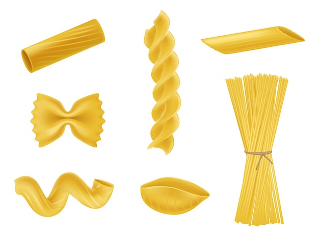 Vector gratuito ilustración vectorial conjunto de iconos realistas de macarrones secos, pastas de diversos tipos