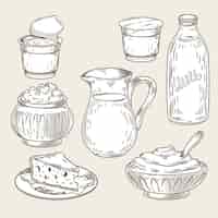 Vector gratuito ilustración vectorial de un conjunto de productos lácteos en el estilo de grabado.
