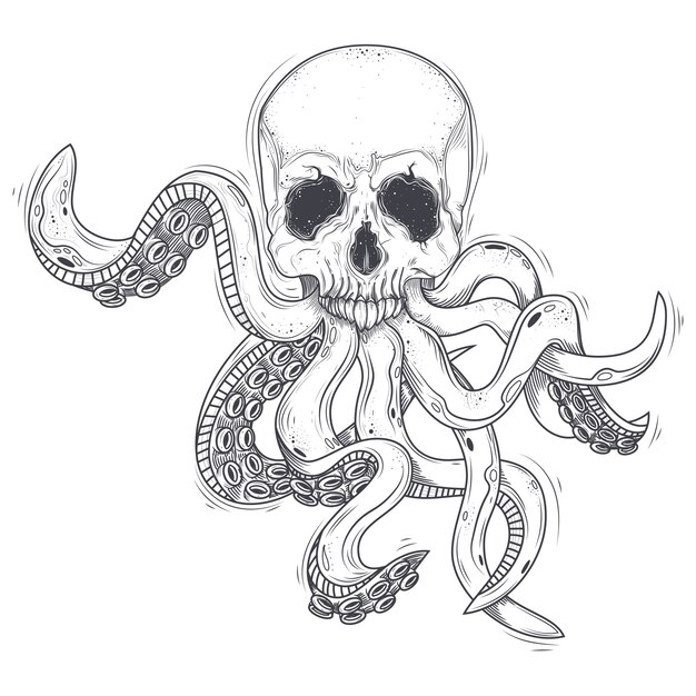 Ilustración vectorial de un cráneo humano con tentáculos