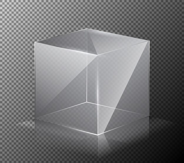 Ilustración vectorial de un cubo de vidrio realista, transparente, aislado en un fondo gris.
