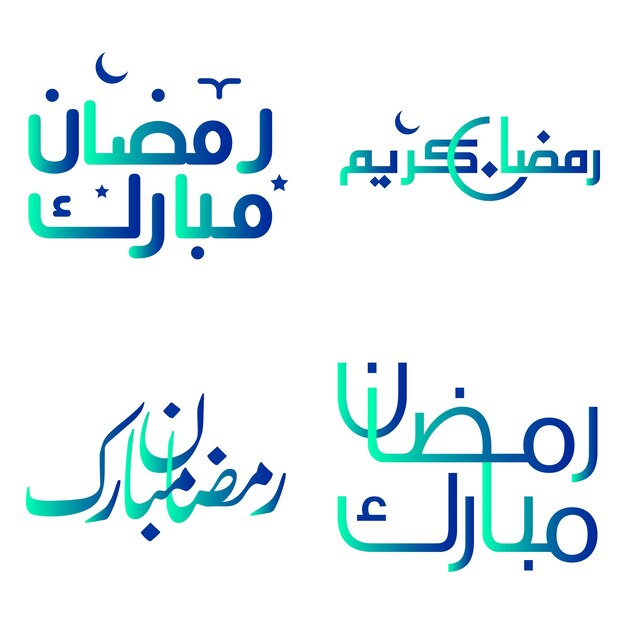 Ilustración vectorial de degradado verde y azul Ramadan Kareem Wishes con elegante tipografía árabe