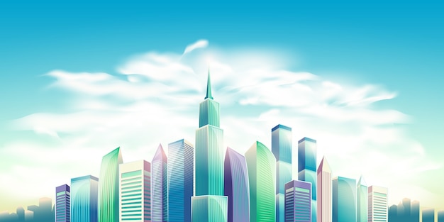 Ilustración vectorial de dibujos animados, bandera, fondo urbano con grandes edificios modernos de la ciudad