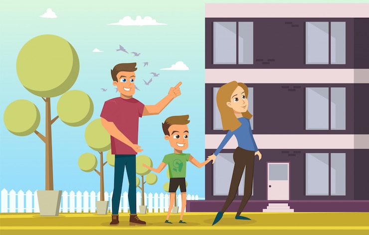 Vector gratuito ilustración vectorial de dibujos animados joven familia feliz