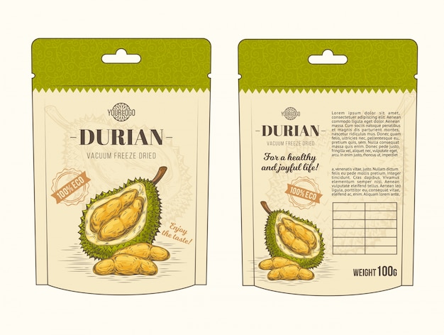 Ilustración vectorial en el diseño de embalaje para la fruta durian, plantilla, moc hasta