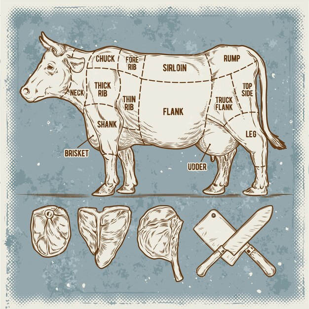 Ilustración vectorial Establecer recortes de carne de vacuno.