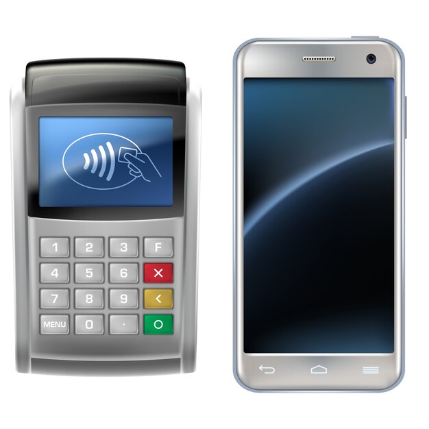 Ilustración vectorial en un estilo realista el concepto de pagos móviles utilizando la aplicación en su teléfono inteligente.