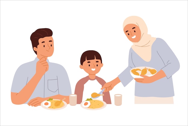 Ilustración vectorial de una familia musulmana disfrutando de la comida juntos en la mesa felizmente