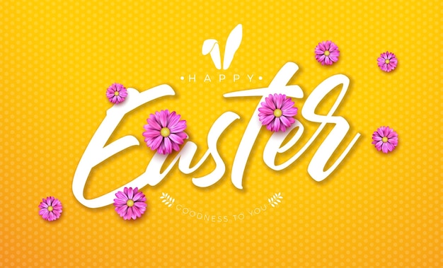 Ilustración vectorial de feliz Pascua con flor de primavera y símbolo de orejas de conejo sobre fondo amarillo