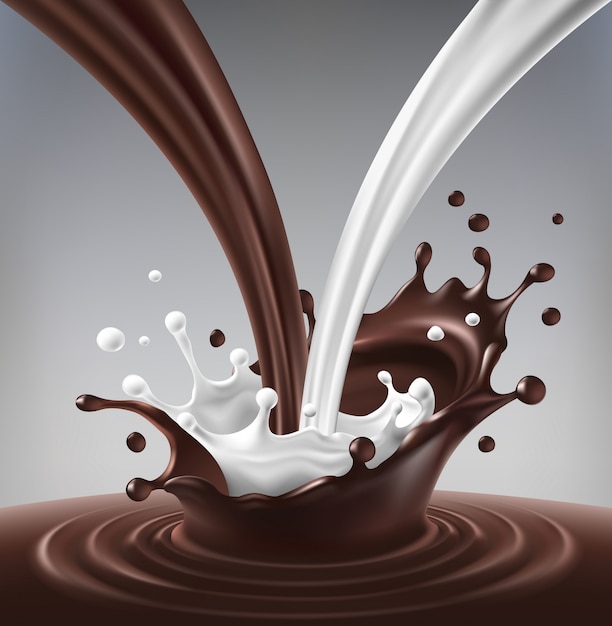Ilustración vectorial de un flujo de leche y chocolate creado ripple y salpicaduras.
