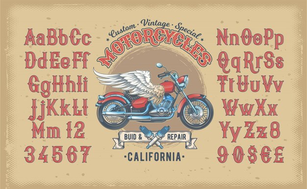 Ilustración vectorial de una fuente roja de la vendimia, el alfabeto latino con la motocicleta retro personalizado