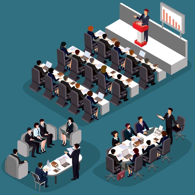 Ilustración vectorial de los hombres de negocio isométricos planos 3D. El concepto de un líder de negocios, gerente de plomo, CEO.