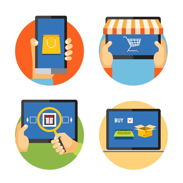 ilustración vectorial iconos de compras por Internet en estilo plano: búsqueda, pago, entrega