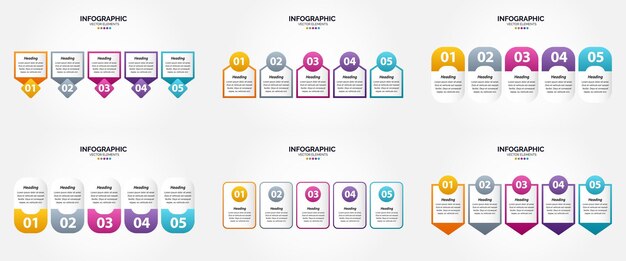 Ilustración vectorial Infografía de 5 pasos Conjunto de diseño plano para folleto publicitario y revista Paquete de 100