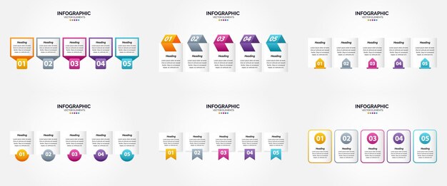 Ilustración vectorial Infografía de 5 pasos Conjunto de diseño plano para folleto publicitario y revista Paquete de 186