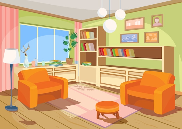 Ilustración vectorial de un interior de dibujos animados de una sala de casa de color naranja, una sala de estar con dos sillones blandos
