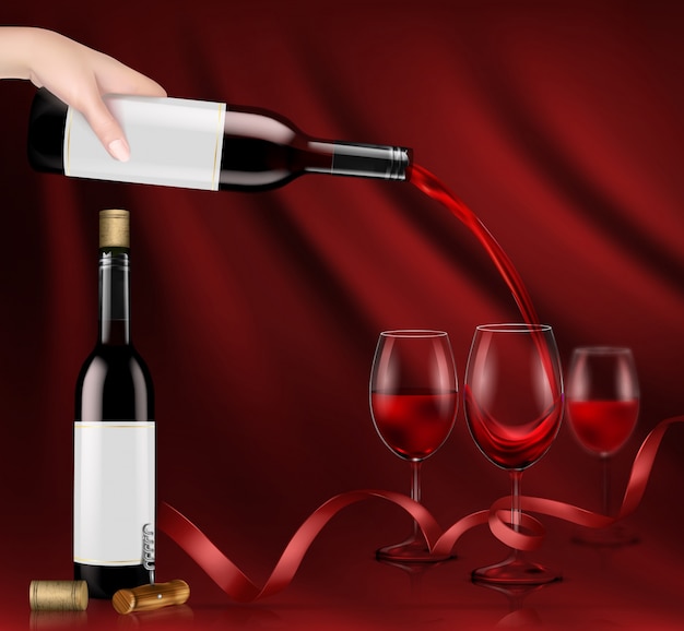 Ilustración vectorial de una mano sosteniendo una botella de vino de vidrio y verter el vino tinto en un vaso