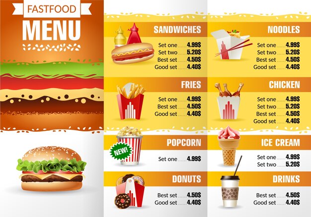 Ilustración vectorial menú de diseño restaurante de comida rápida.