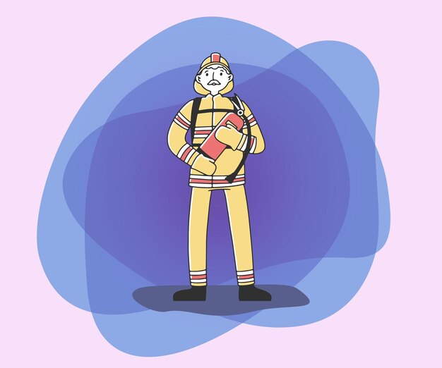Ilustración vectorial plana de un bombero en uniforme sosteniendo un extintor
