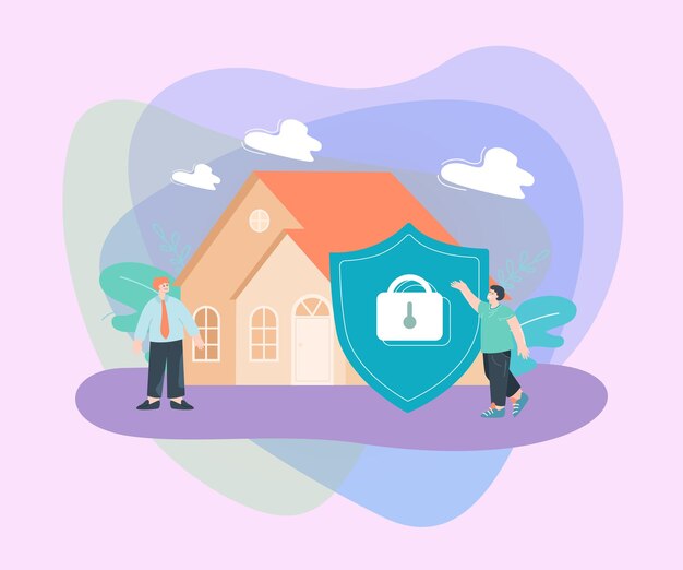Ilustración vectorial plana de una casa protegida por un escudo enorme