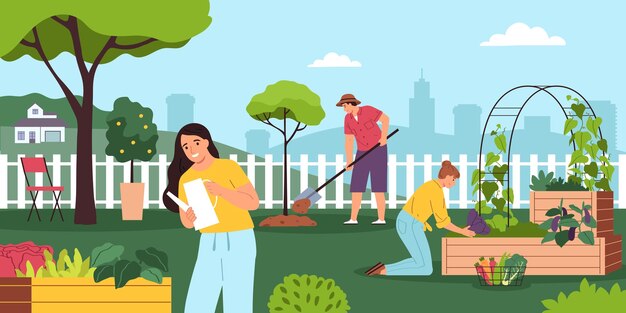 Ilustración vectorial plana del jardín comunitario con personas que trabajan en el parque de la ciudad plantando y regando flores excavando árboles