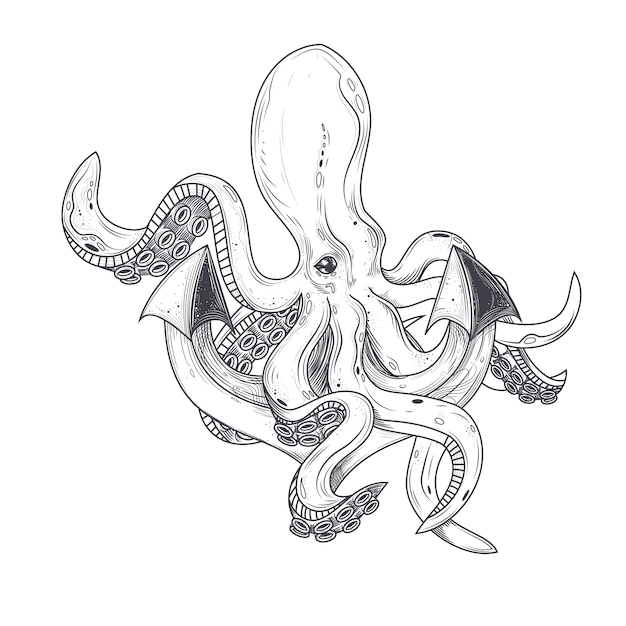 Ilustración vectorial de un pulpo abrazando tentáculos de un ancla de buques