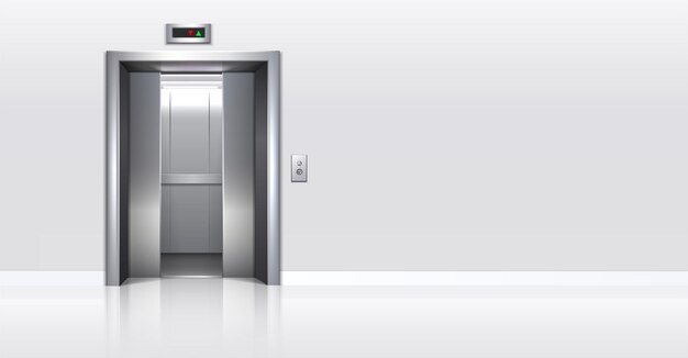 Ilustración vectorial realista ascensor de edificio de oficinas con puertas medio cerradas y paredes blancas c