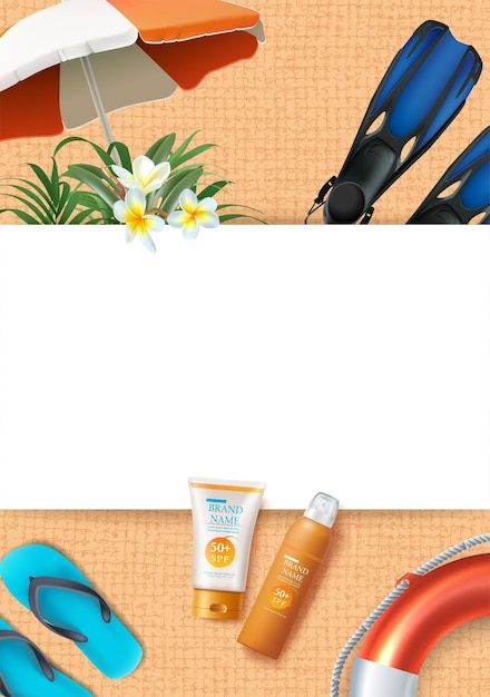 Vector gratuito ilustración vectorial realista banner de cosméticos spf de verano con textura de toalla vista superior paraguas