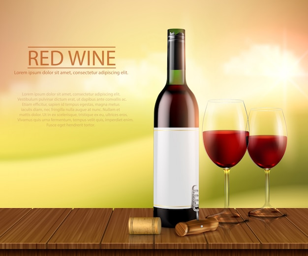 Ilustración vectorial realista, cartel con botella de vino de vidrio y vasos con vino tinto