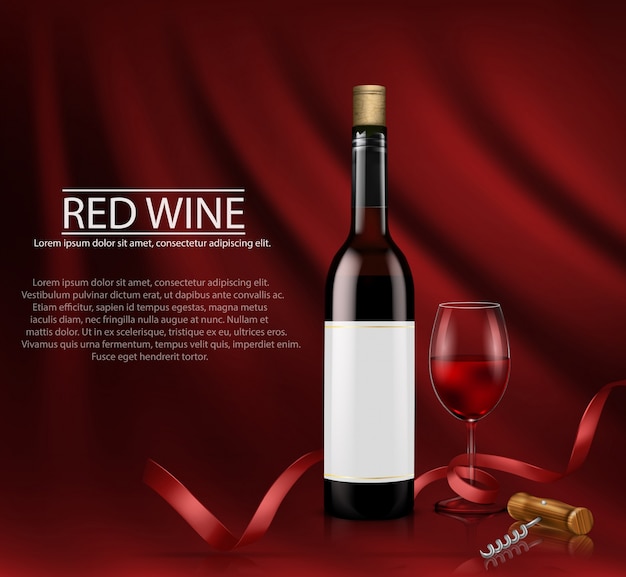 Ilustración vectorial realista. cartel con botella de vino de vidrio y vidrio con vino tinto