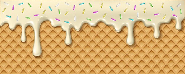 Ilustración vectorial realista El esmaltado dulce de crema se derrite en un waffle con salpicaduras coloridas