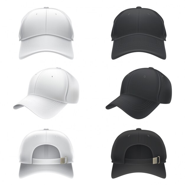 Ilustración vectorial realista de una gorra de béisbol textil blanco y negro frente, la espalda y la vista lateral