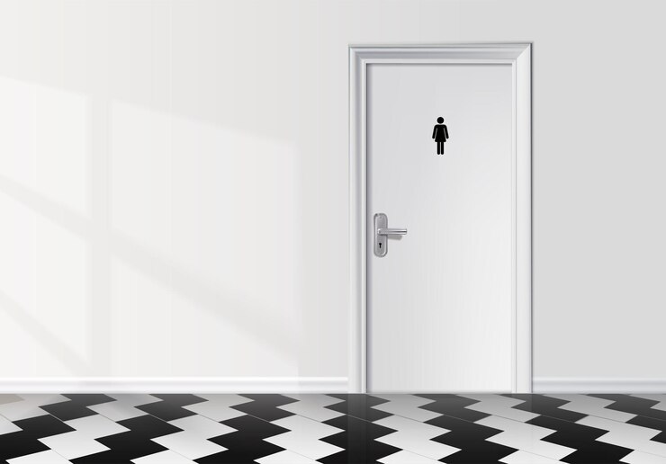 Vector gratuito ilustración vectorial realista interior del baño con puerta blanca y letrero