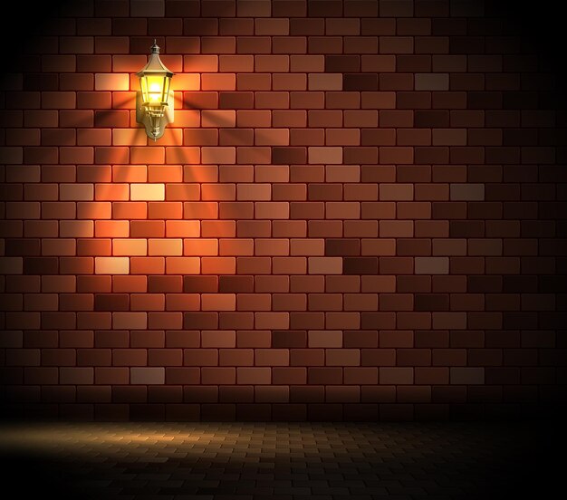 Ilustración vectorial realista de una linterna que brilla en la oscuridad en una pared de ladrillo