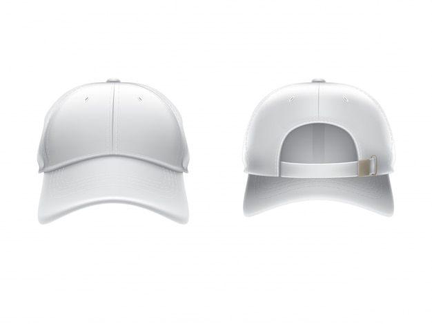 Ilustración vectorial realista de una tapa de gorra de béisbol textil blanco frente y espalda