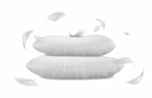Vector gratuito ilustración vectorial realista vista lateral almohadas blancas con plumas voladoras alrededor aisladas en w.