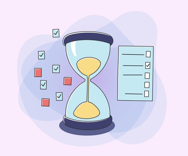 Ilustración vectorial de un reloj de arena enorme y una lista de comprobación