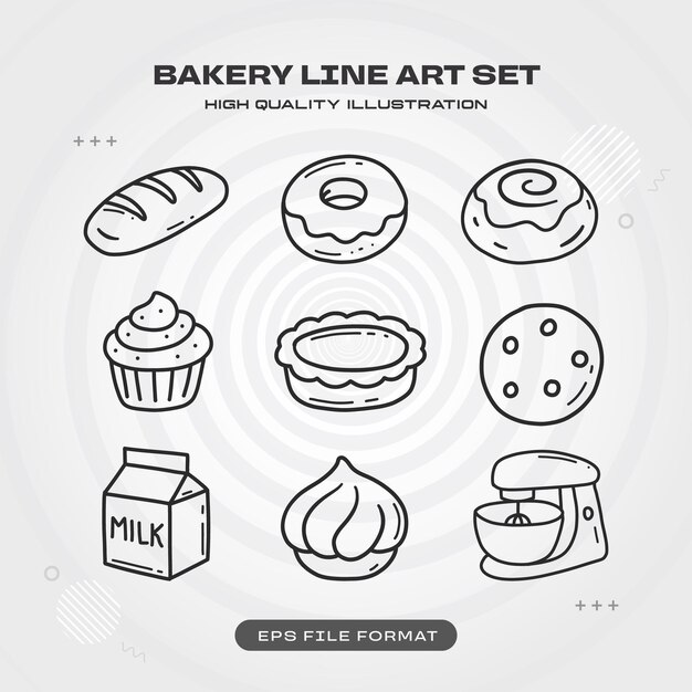 Ilustración vectorial de set de diseño lineal de panadería