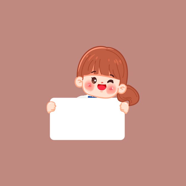 Ilustración vectorial de un simpático estudiante de dibujos animados sosteniendo una pancarta blanca, estilo dibujado a mano