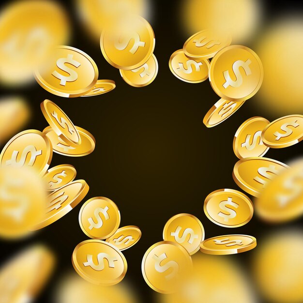 Ilustración vectorial sobre un tema de casino con moneda de oro cayendo con signo de dólar sobre fondo oscuro