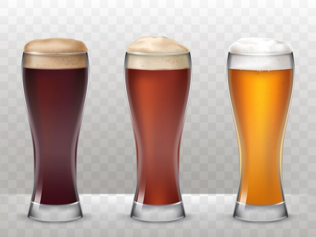 Ilustración vectorial tres vasos altos con una cerveza diferente aislado en un fondo transparente