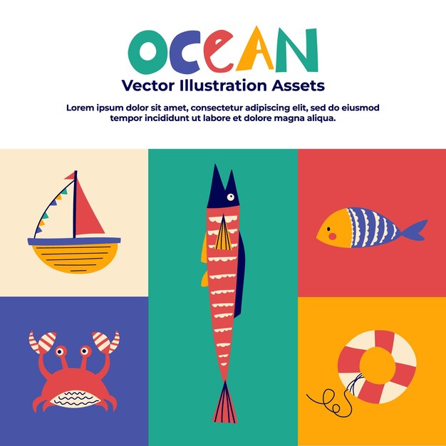 Ilustración Vectorización Océano Conjunto de activos planos de colores