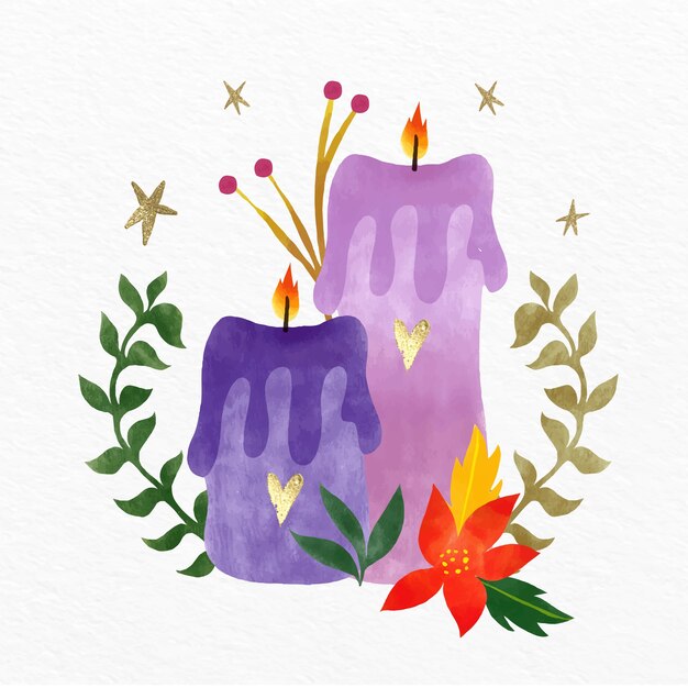 Ilustración de velas moradas acuarela