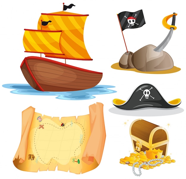 Ilustración de veleros y elementos piratas