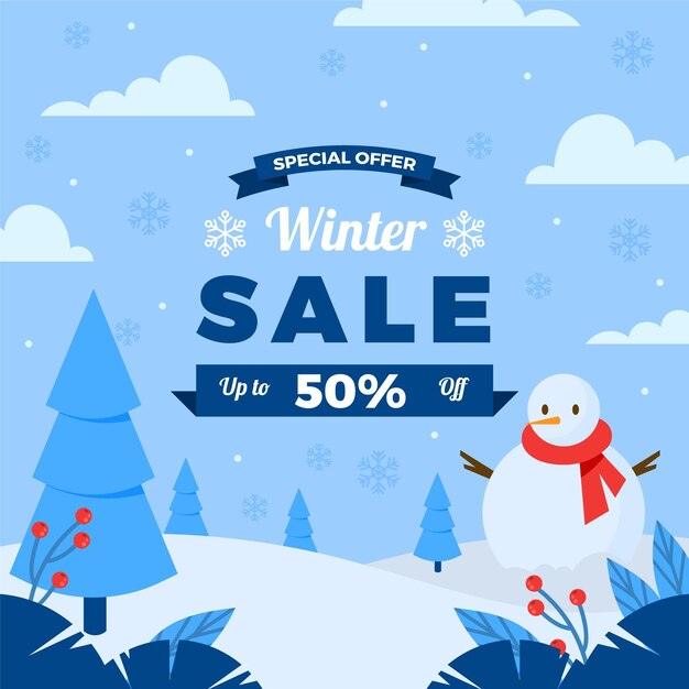 Ilustración de venta de invierno plana con muñeco de nieve y abetos