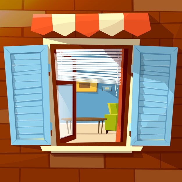Ilustración de ventana abierta fachada de casa de ventana con contraventanas de madera abierta