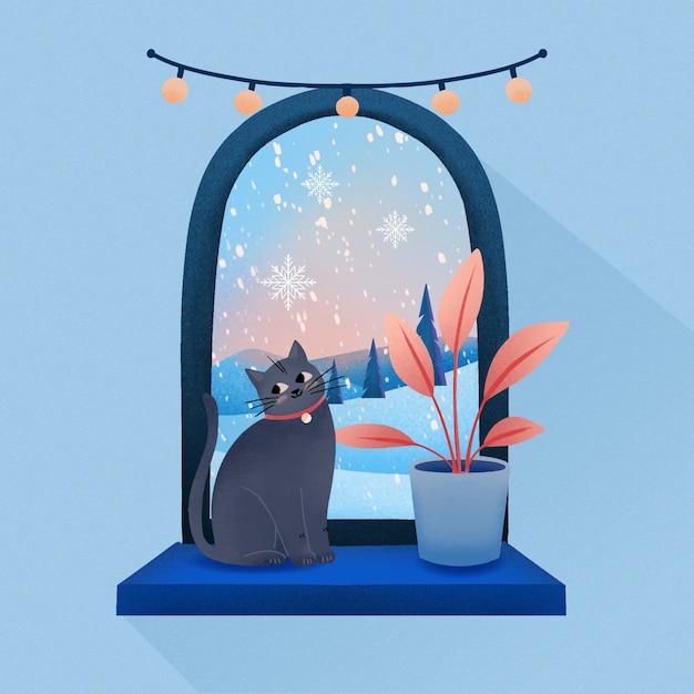 Ilustración de ventana de invierno acuarela